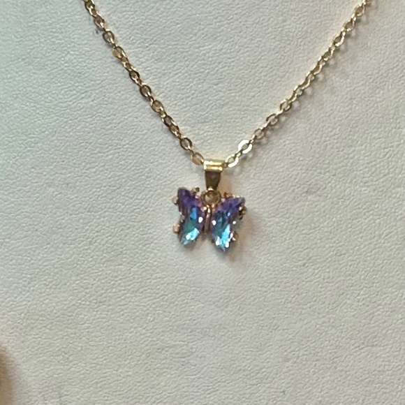 Gold Tone Mystic Glass Crystal Butterfly Pendant - Picture 15 of 16